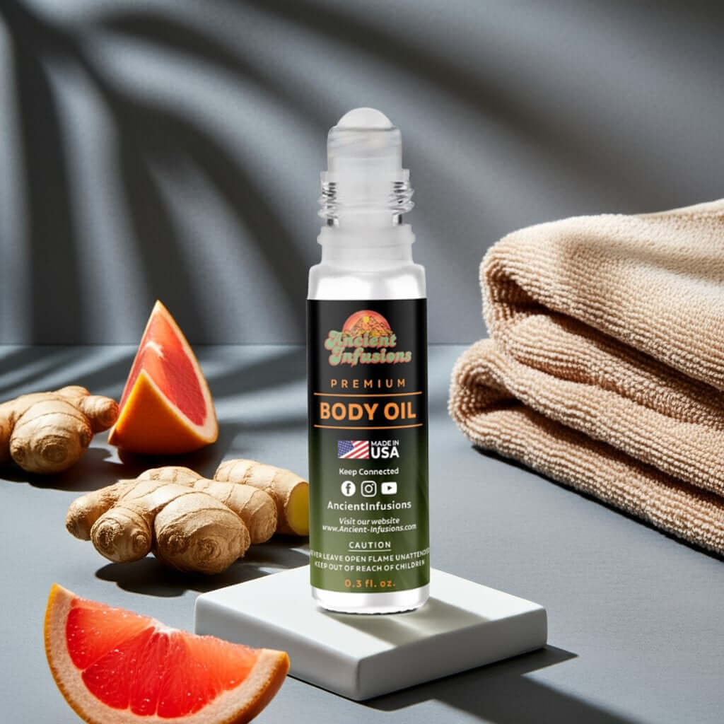 Burberry Sport Inspired Body Oil bottle surrounded by ginger and grapefruit slices on a spa setting. Alcohol-free fragrance.