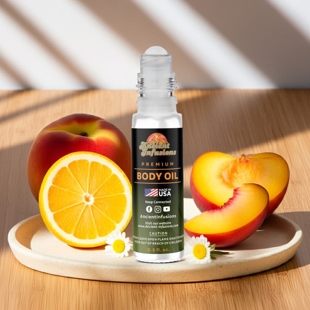 Burberry Weekend (Inspired) Body oil bottle with fruits and a lemon on a wooden surface