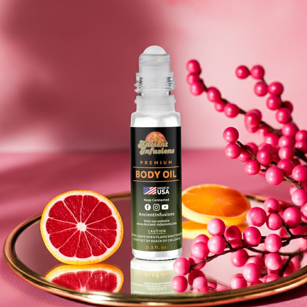 BBW Champagne Toast Inspired Body Oil with champagne, berries, citrus, vanilla scents, shown with citrus slices and pink berries.