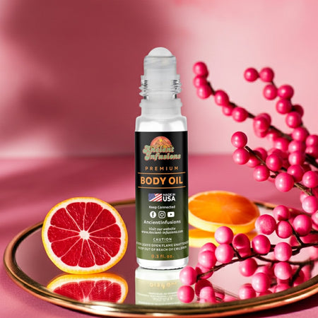 BBW Champagne Toast Inspired Body Oil with champagne, berries, citrus, vanilla scents, shown with citrus slices and pink berries.