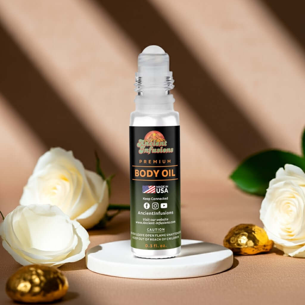 Chanel No 5 Inspired Body Oil on display with roses and gold accents, showcasing luxurious fragrance with elegant jasmine and rose.