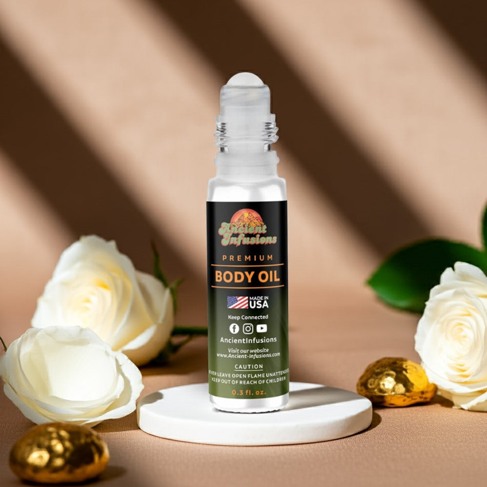 Chanel No. 5 (Inspired) Body oil bottle with roses on a brown background