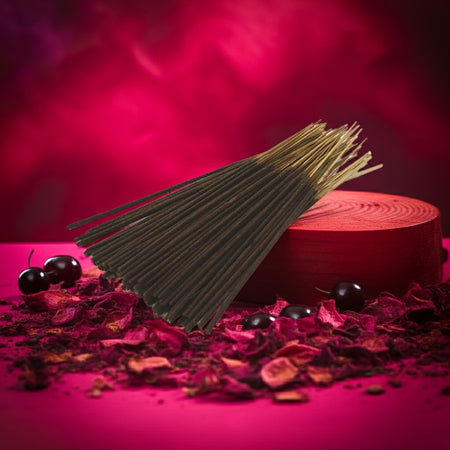 Cherry Pop Incense Sticks on a red platform with cherries and rose petals against a pink background