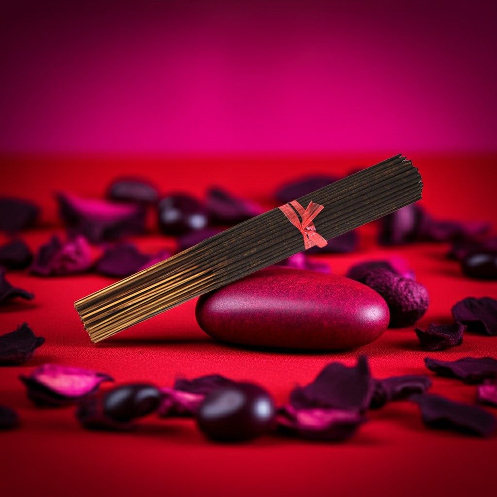 Cherry Pop Incense Sticks with a pink logo on a red surface with dark purple leaves