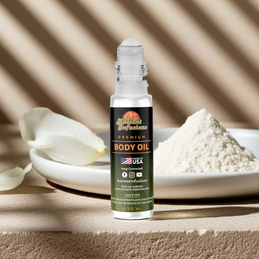 China Musk Body Oil in a glass bottle with a rollerball applicator, positioned next to a bowl of powder and flower petals.