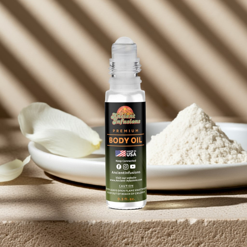 China Musk Body oil bottle with a label on a wooden surface with white petals and a bowl of powder.