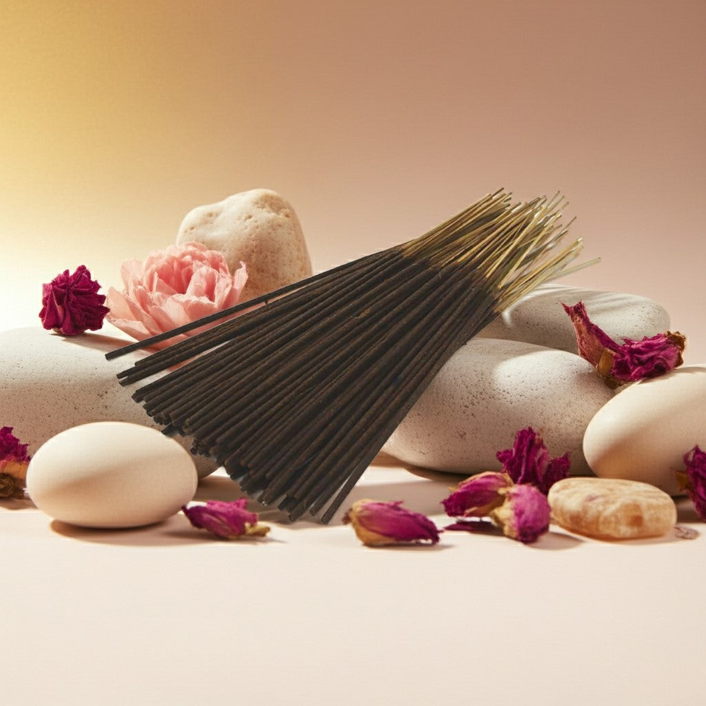 China Musk Incense Sticks with a pink band, pebbles, and flowers on a light background