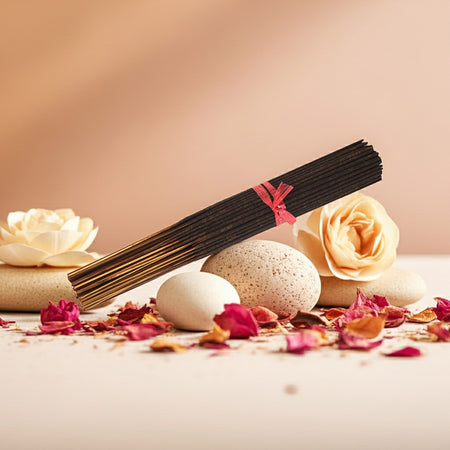 China Musk Incense Sticks with a pink band, pebbles, and flowers on a light background
