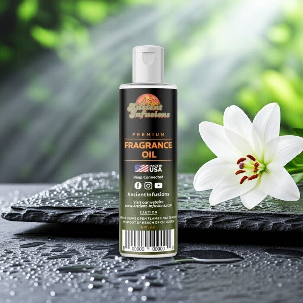 China Rain fragrance oil bottle with white lilies and water droplets.