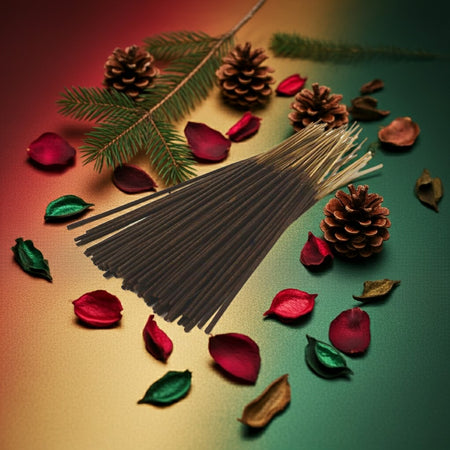 Christmas Cheer Incense Sticks with pine cones and red petals on a gradient background