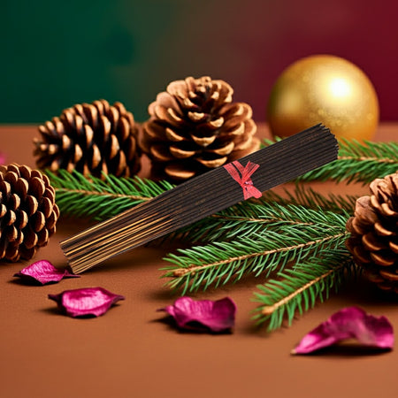 Christmas Cheer Incense Sticks with a red logo on a background of pine cones and greenery