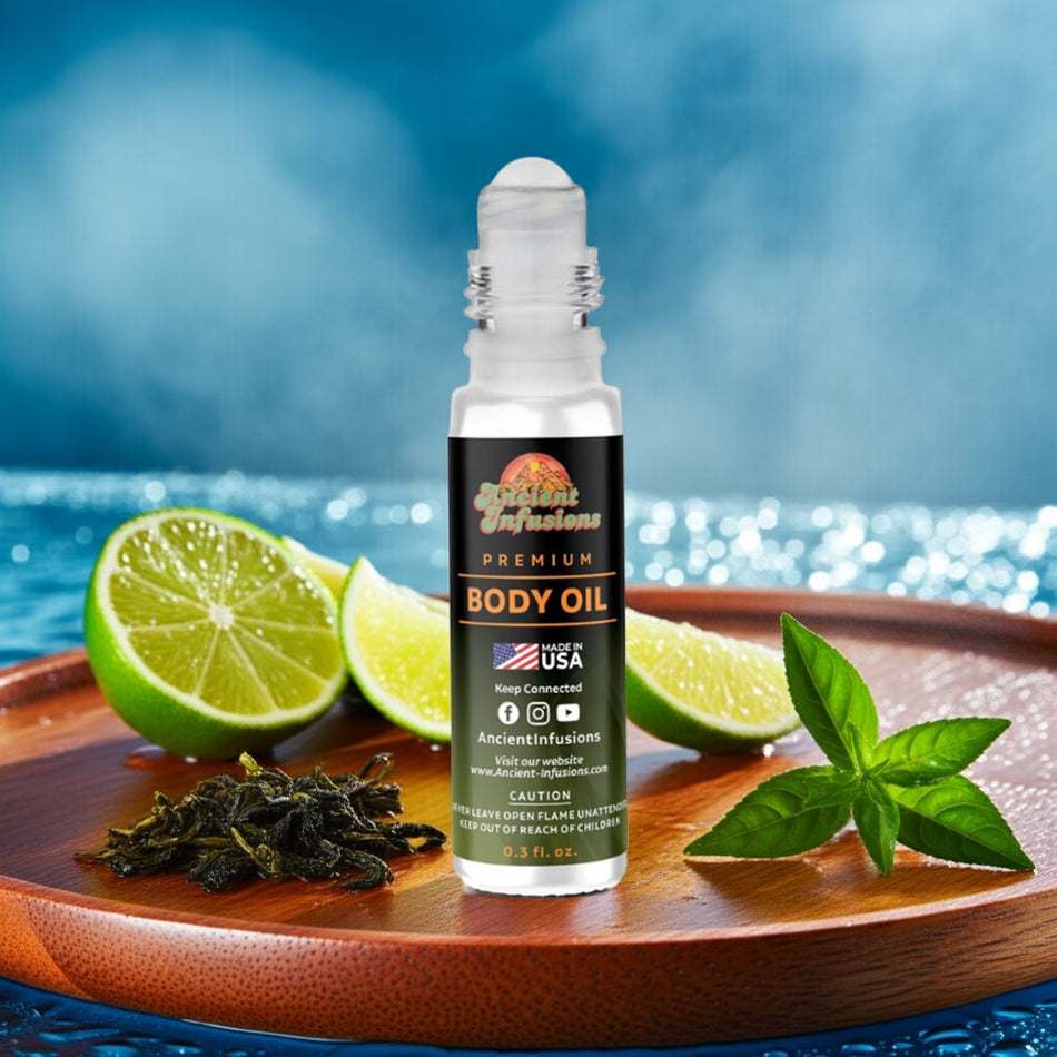 Chrome Azzaro Body oil bottle with limes and mint leaves on a wooden tray with a blue water background