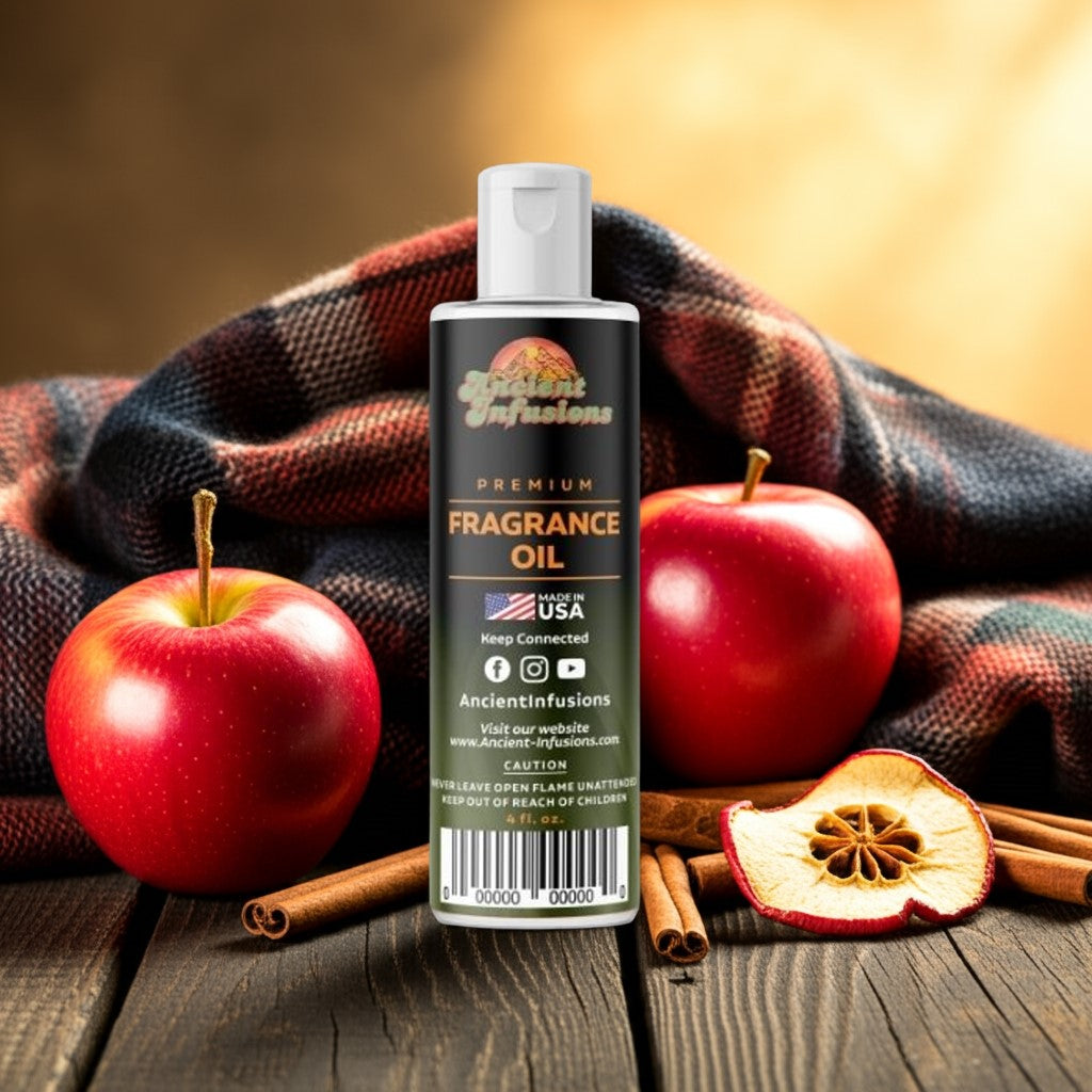 Cinnamon Apple fragrance oil with red apples, cinnamon sticks, and fall leaves.