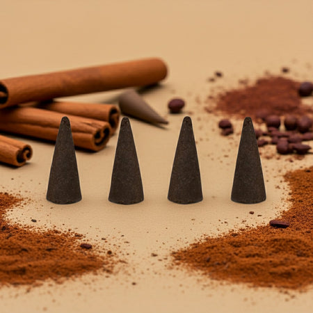 Cinnamon Incense Cones on a surface with cinnamon sticks and ground cinnamon.