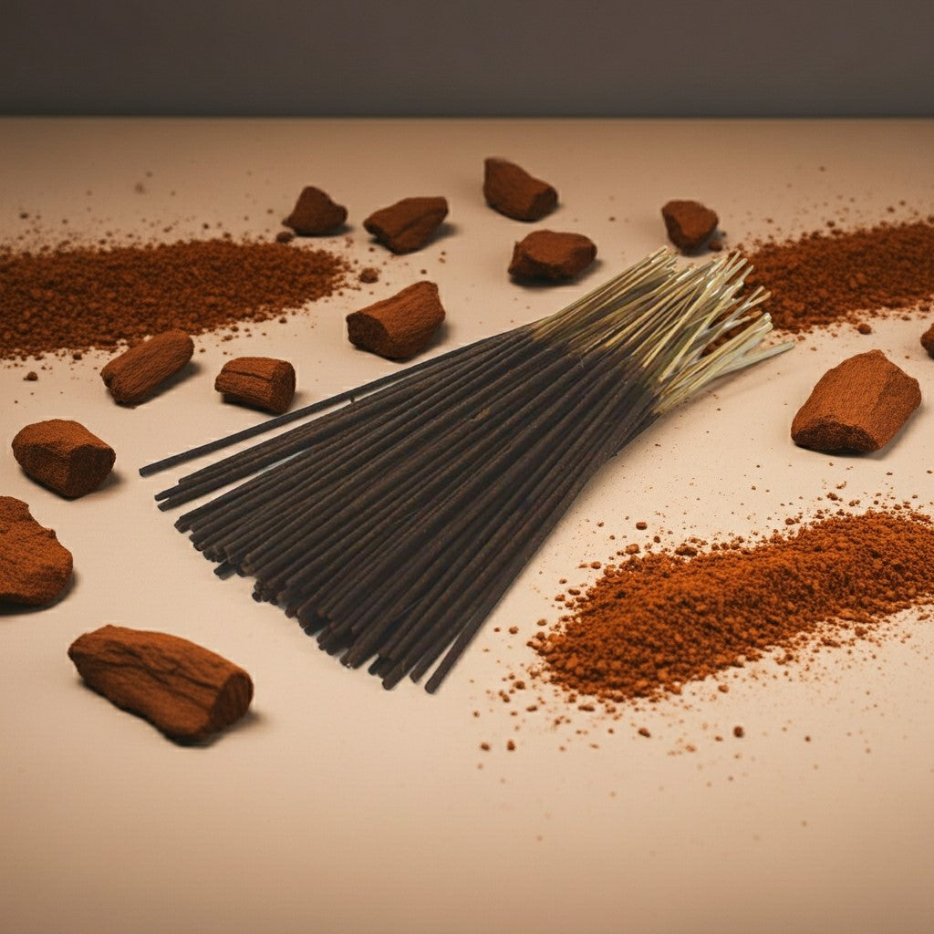 Cinnamon Incense Sticks  with a red band on a dessert with cinnamon crumb topping