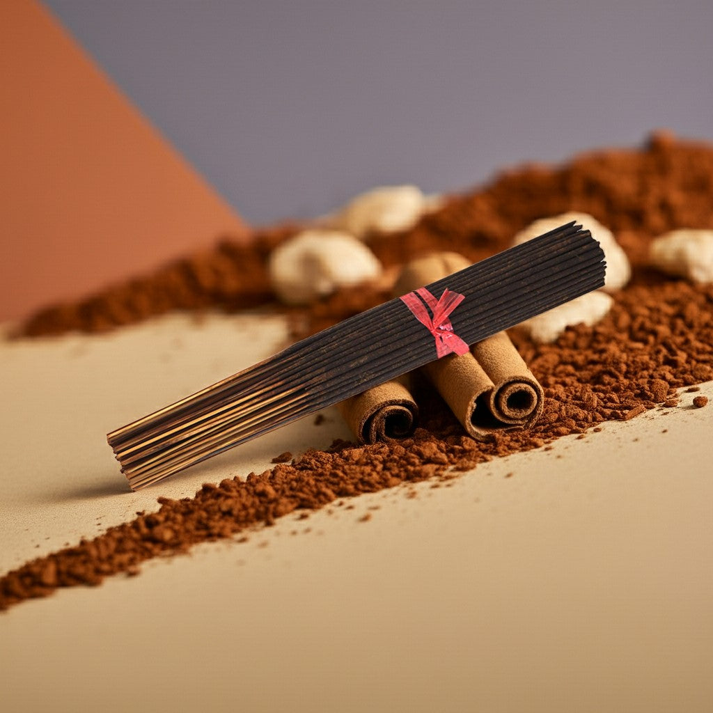 Cinnamon Incense Sticks  with a red band on a dessert with cinnamon crumb topping