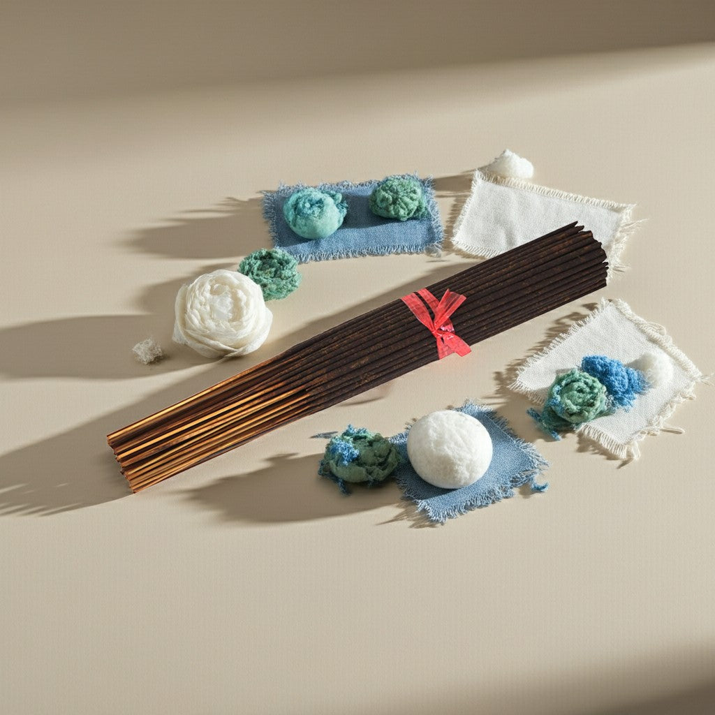 Clean Cotton Incense Sticks with decorative elements on a beige surface