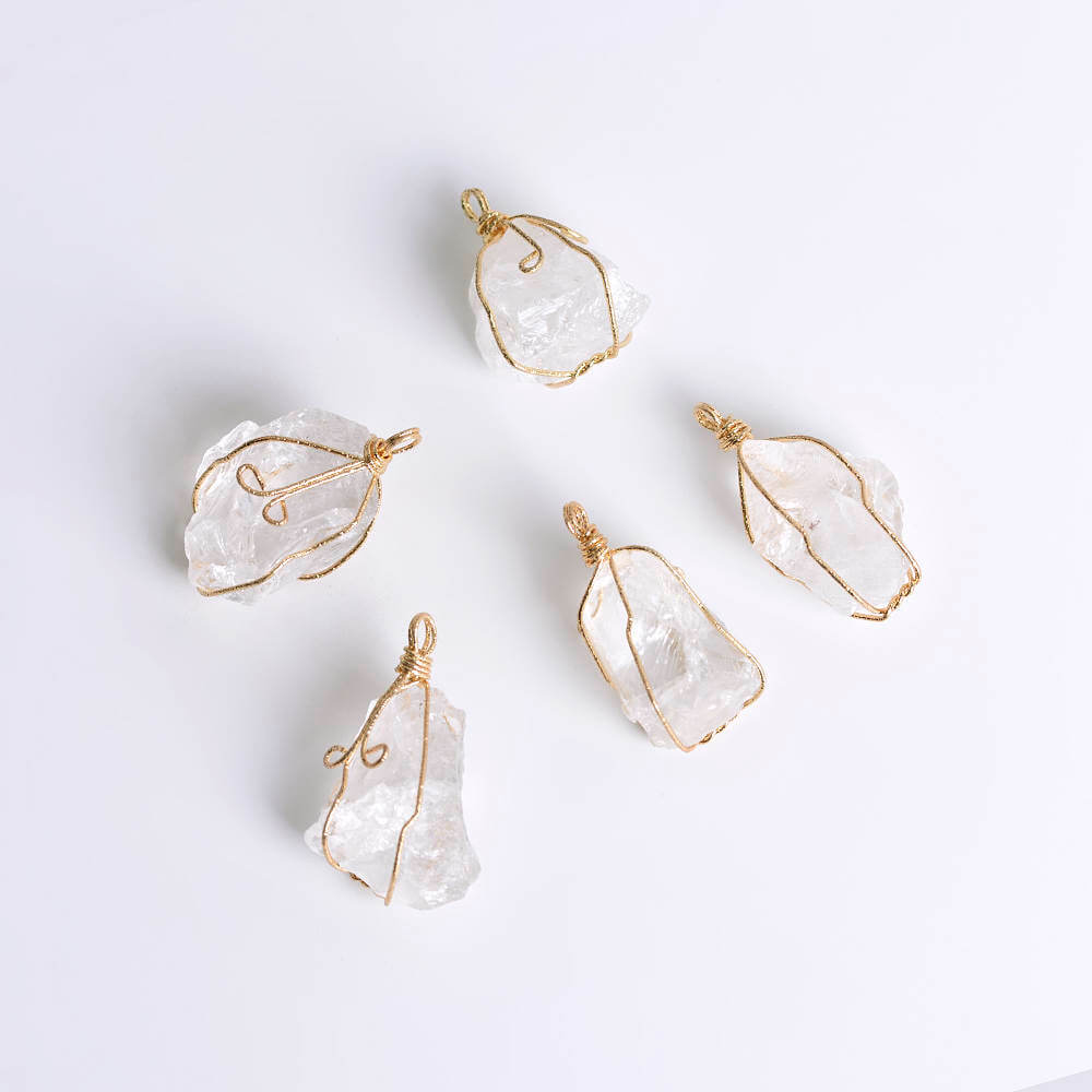 Handcrafted Clear Quartz Necklace featuring a radiant transparent gemstone wrapped in gold wire with a durable stainless steel chain.
