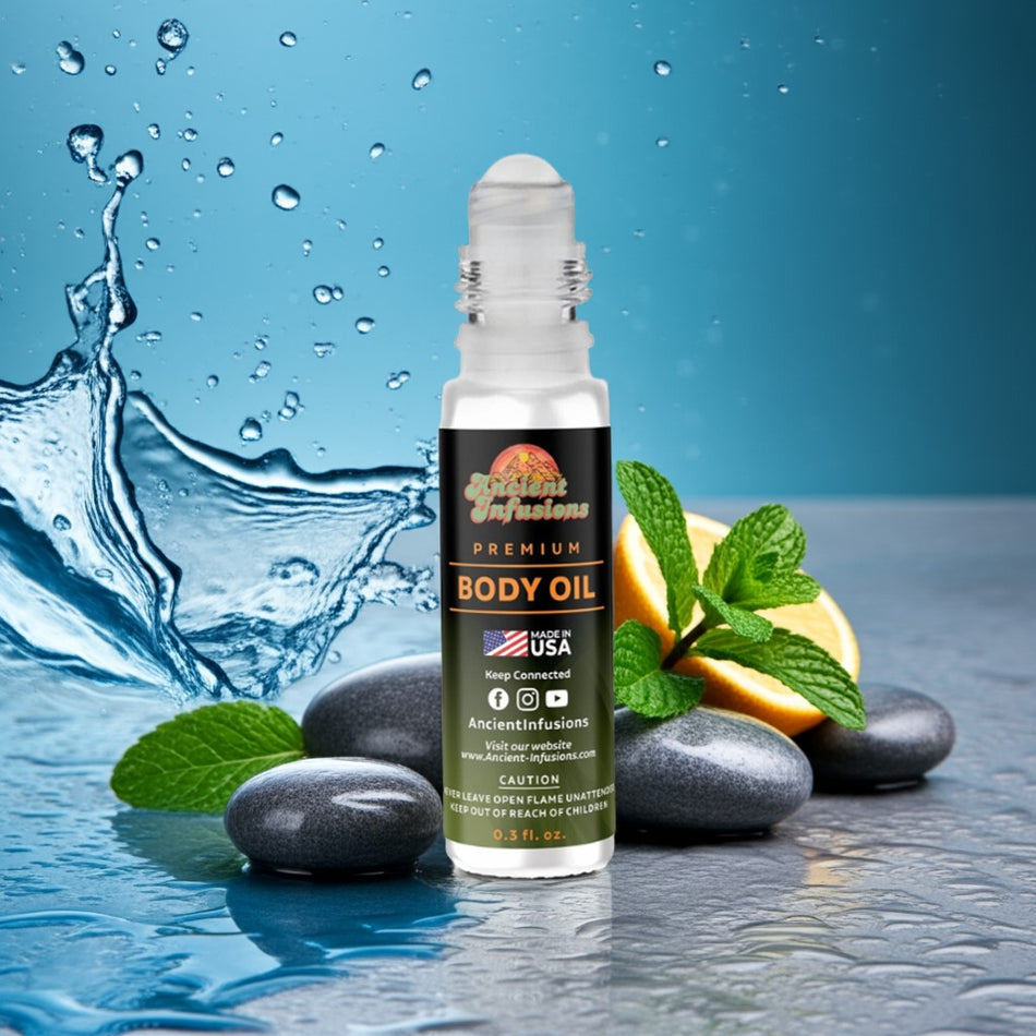 Cool Water inspired body oil bottle with lemon and mint leaves on a water-themed background