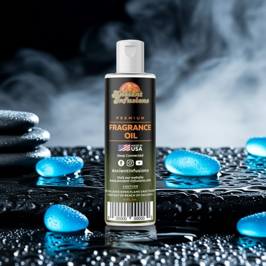 Bottle of fragrance oil with blue stones on a reflective surface