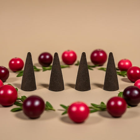 Cranberry Incense Cones  on a beige background with red berries and green leaves