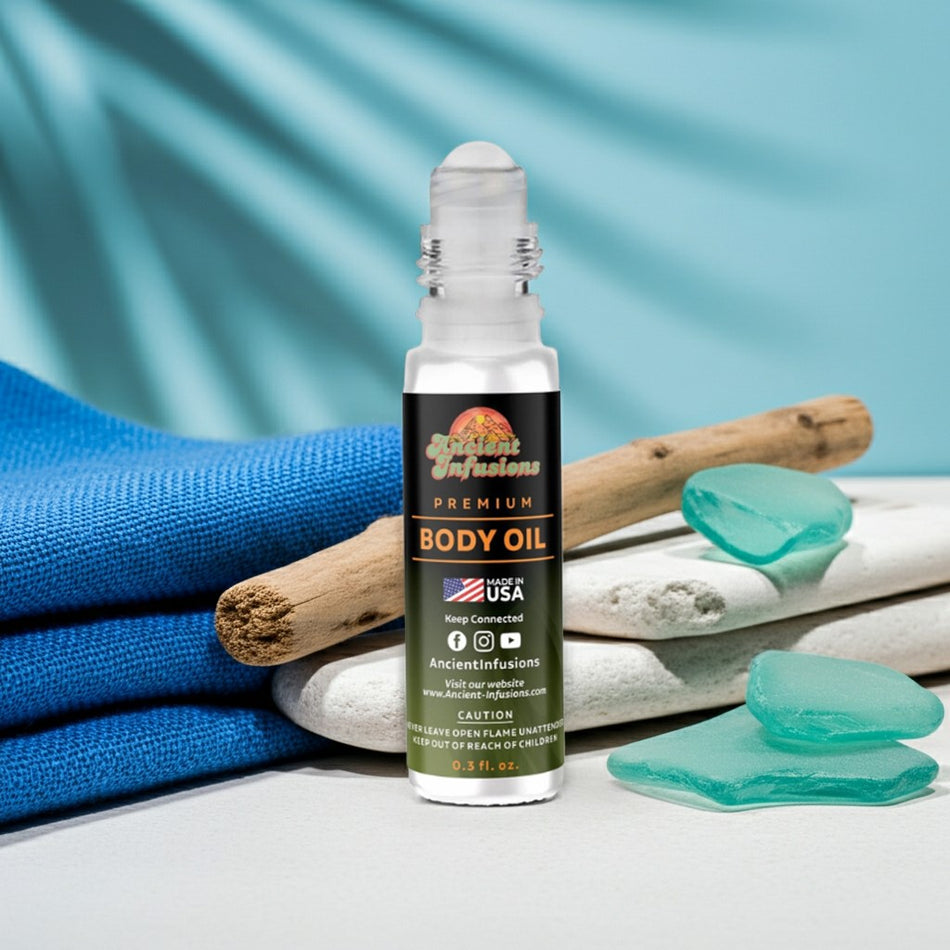 Creed Eladaria Inspired Body Oil with citrus, herbs, musk, and driftwood notes displayed on a natural background.