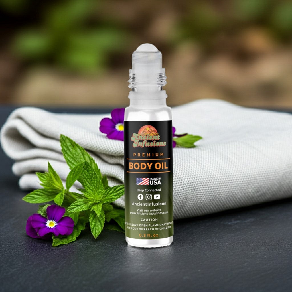 Creed Green Irish Tweed Inspired Body Oil with aromatic notes of lemon verbena, violet leaf, and sandalwood in roll-on bottle.