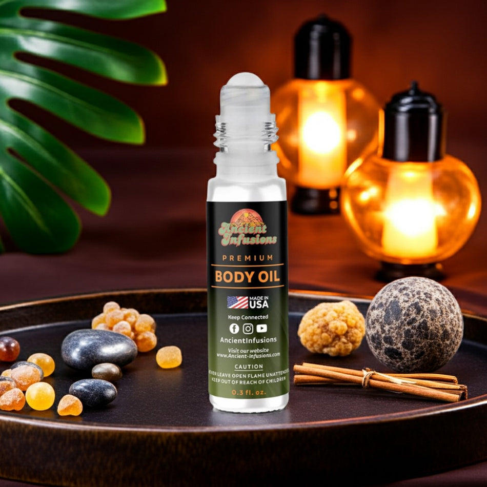 Creed Oud Zarian Inspired Body Oil roll-on against warm, ambient background with decorative elements and stones.
