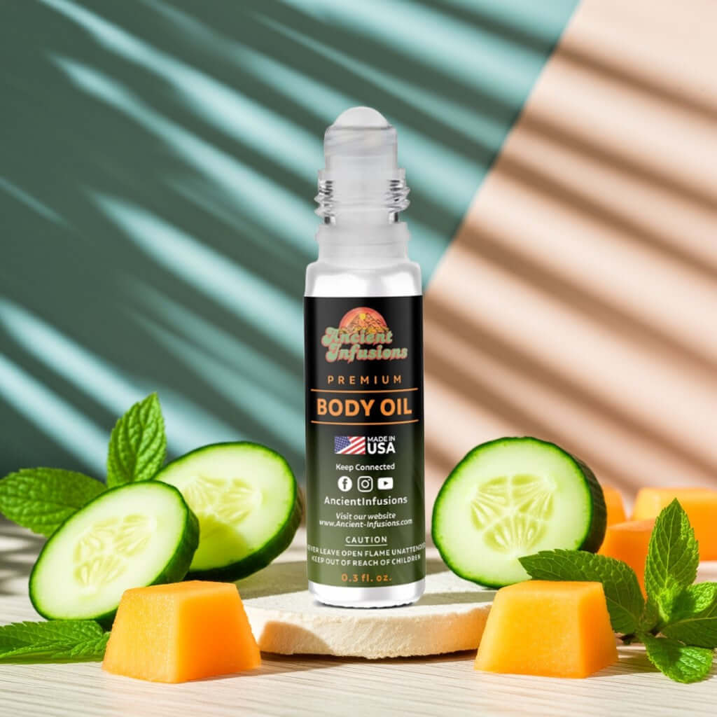 Cucumber Melon Body oil bottle with cucumbers and cantaloupe on a wooden surface