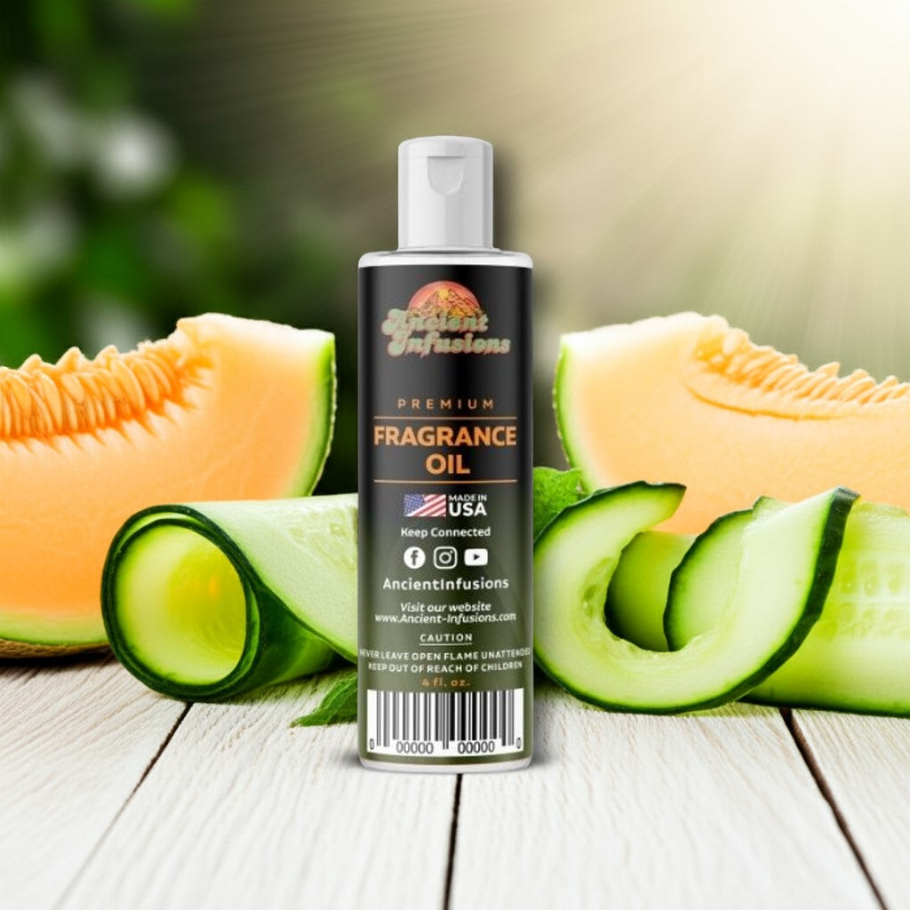 Bottle of Ancient Infusions fragrance oil with melon and cucumber slices on a wooden surface