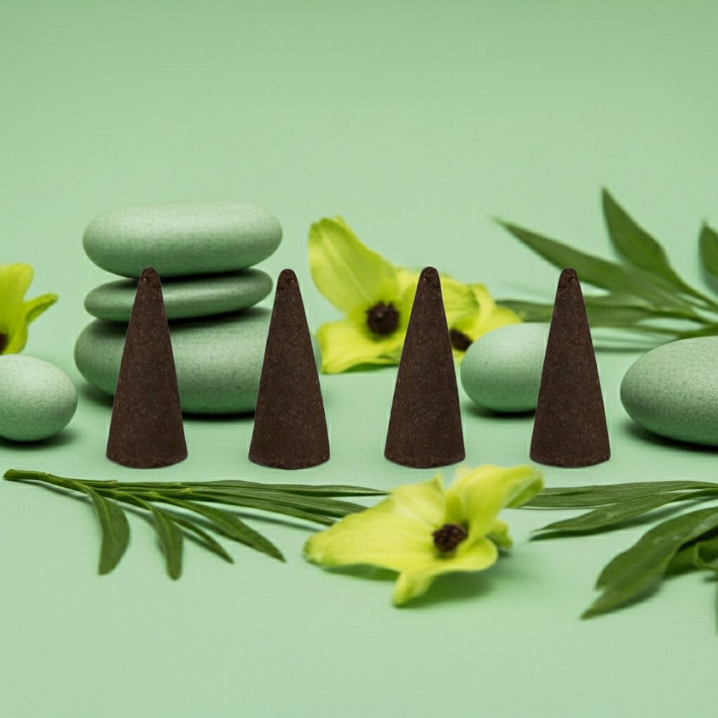 Cucumber Melon Incense Cones on a green background with stones and flowers