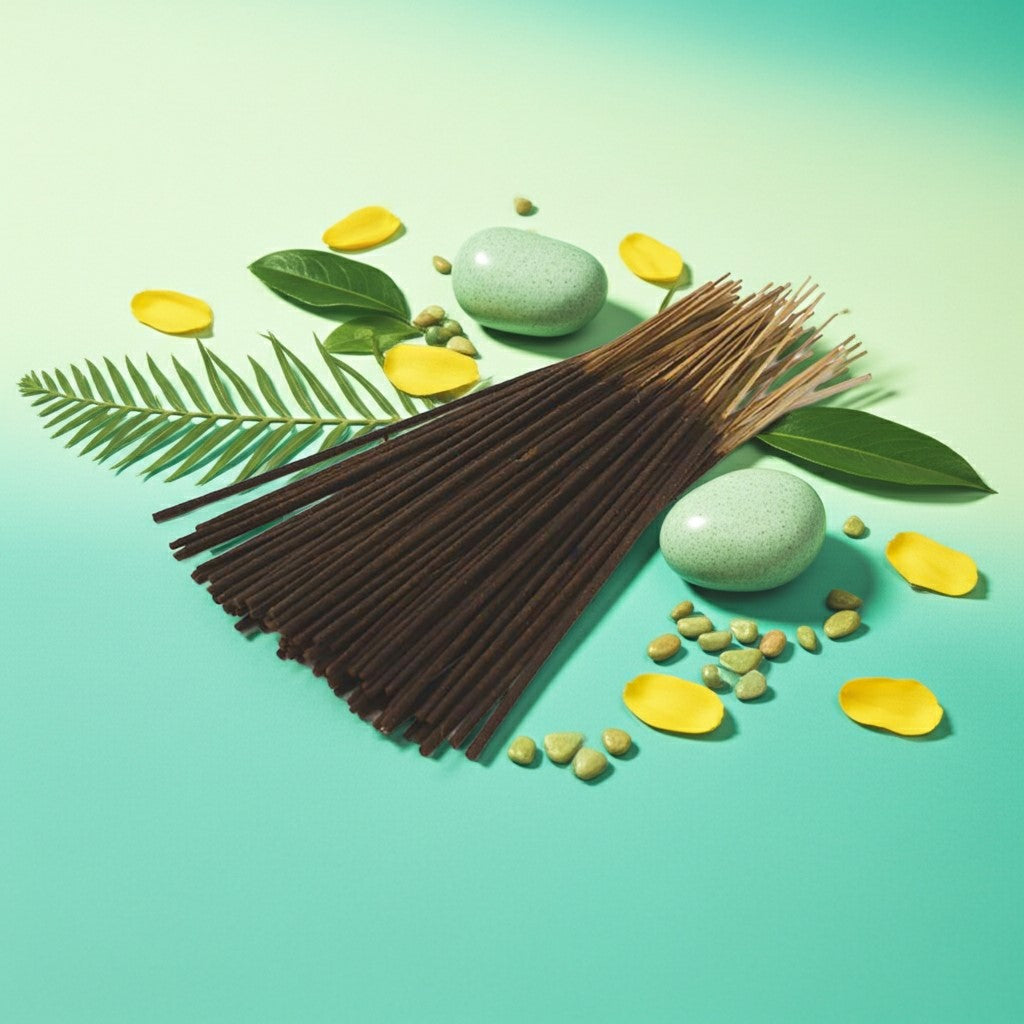 Cucumber Melon Incense Sticks with green leaves and stones on a gradient background