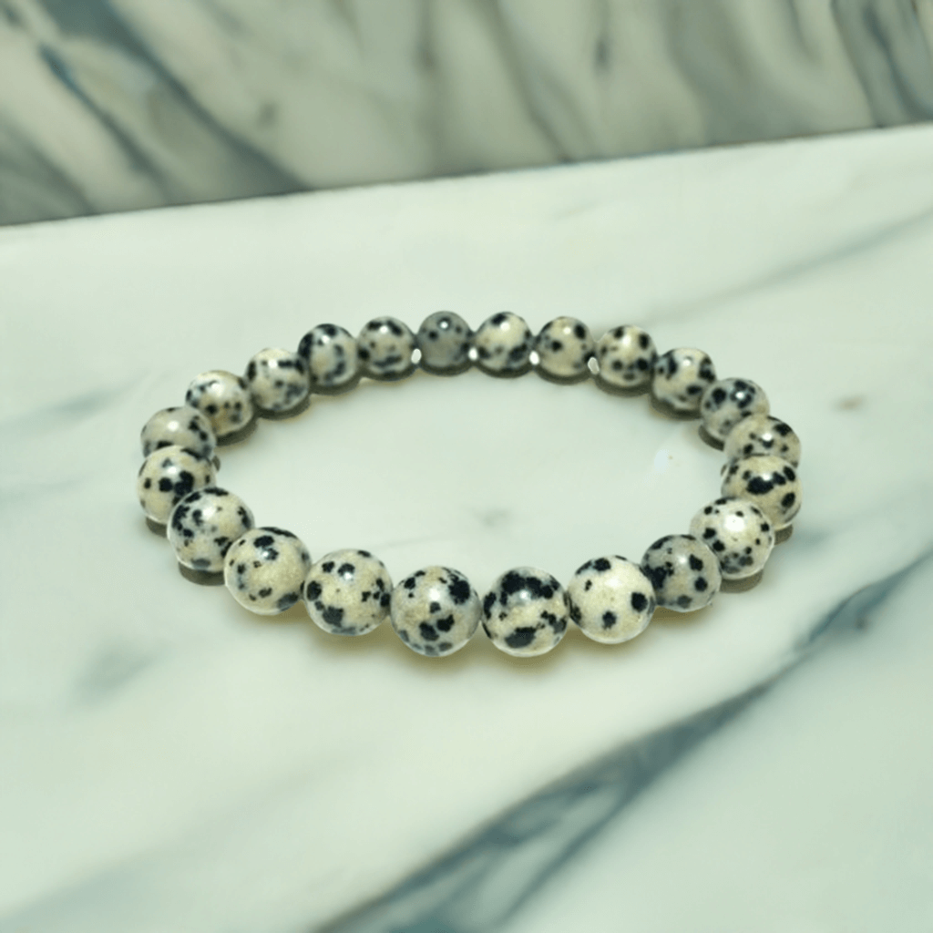 Women’s Dalmatian Jasper Bracelet – Real Beaded Elastic Healing Crystal Jewelry.