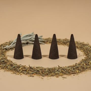 Desert Sage Incense Cones on a beige surface with dried herbs around.