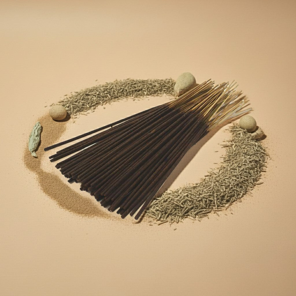 Desert Sage Incense Sticks with a red ribbon on a wreath of dried herbs and stones against a beige background