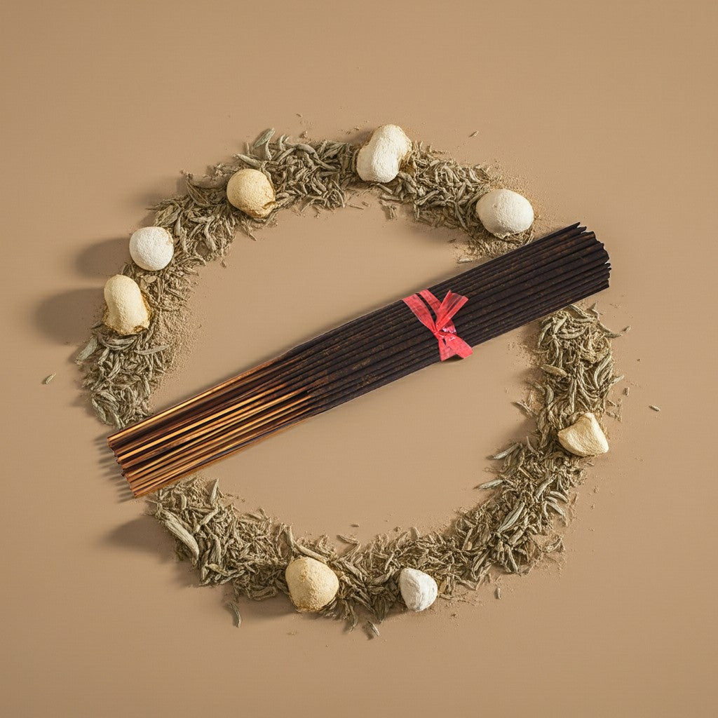 Desert Sage Incense Sticks with a red ribbon on a wreath of dried herbs and stones against a beige background