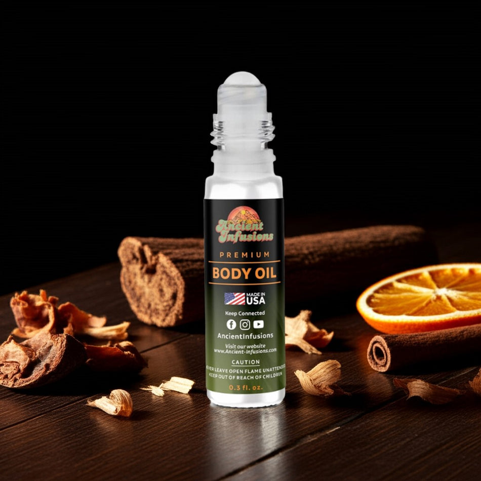 Diesel Body Oil Body oil bottle with cinnamon sticks and oranges on a dark surface