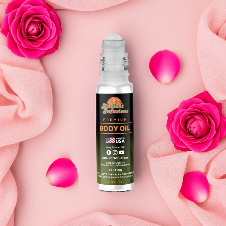 Dior Miss Dior Inspired Body Oil Roll-On with floral elements showcasing premium fragrance, highlighted by pink rose petals.