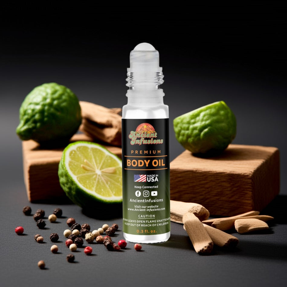 Dior Sauvage (Inspired) Body oil bottle with ingredients on a dark background