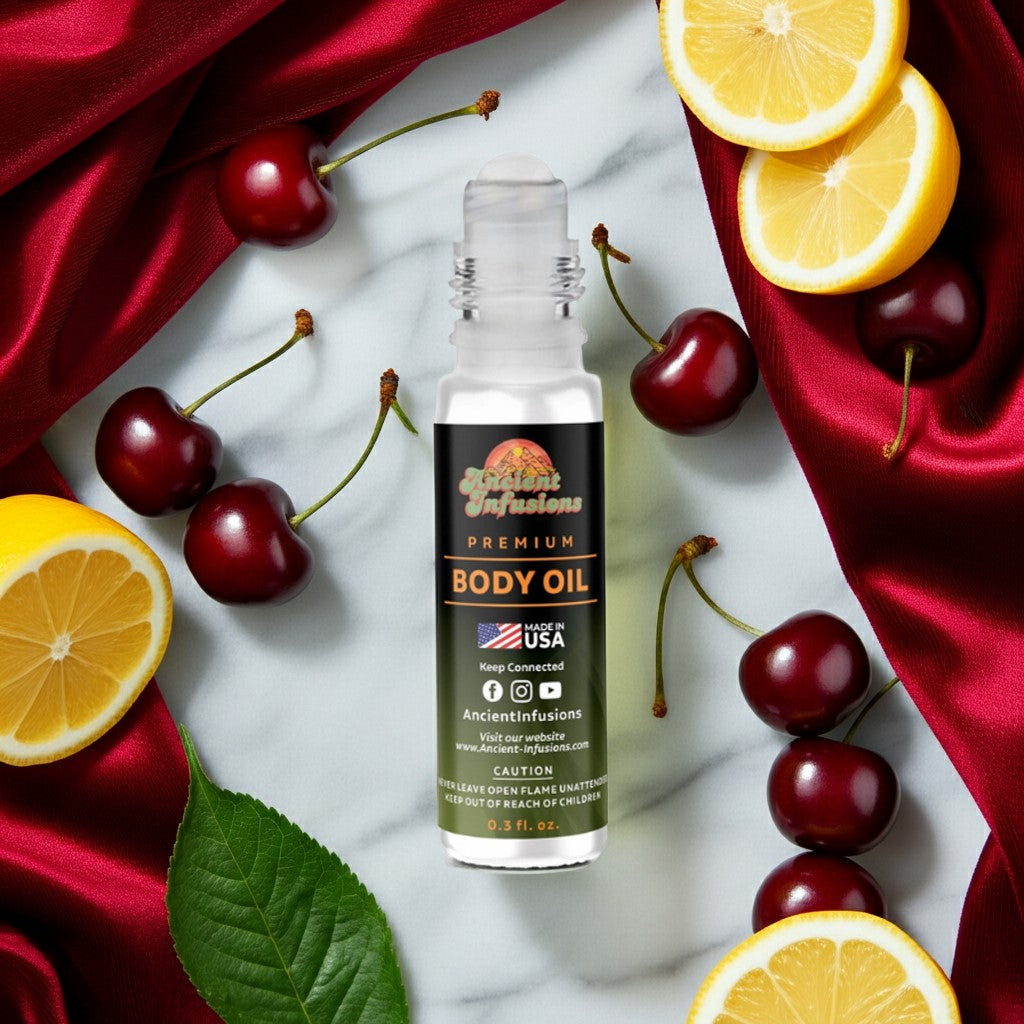 Dolce & Gabbana Q Inspired Body Oil on marble with lemons and cherries, highlighting its fresh Sicilian lemon and cherry notes.