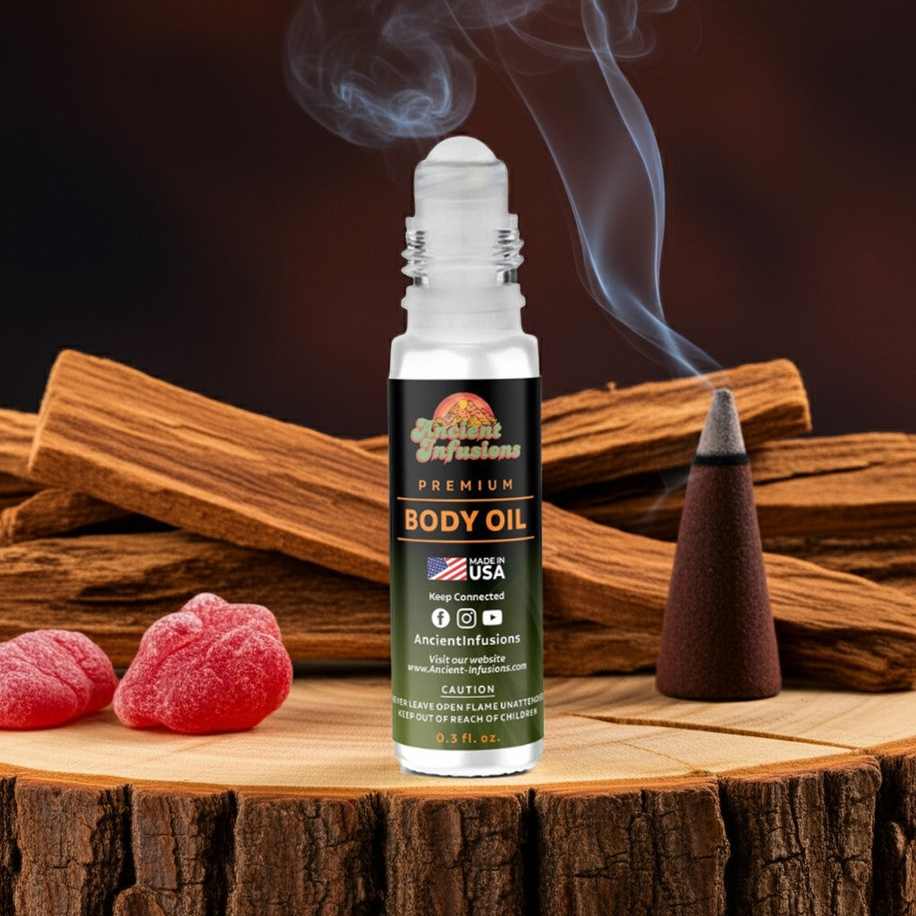 Dragons Blood Body oil bottle with smoke, cinnamon sticks, and gummy bears on a wooden surface