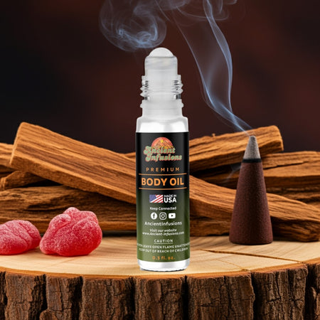 Dragon’s Blood Body oil bottle with smoke, cinnamon sticks, and gummy bears on a wooden surface