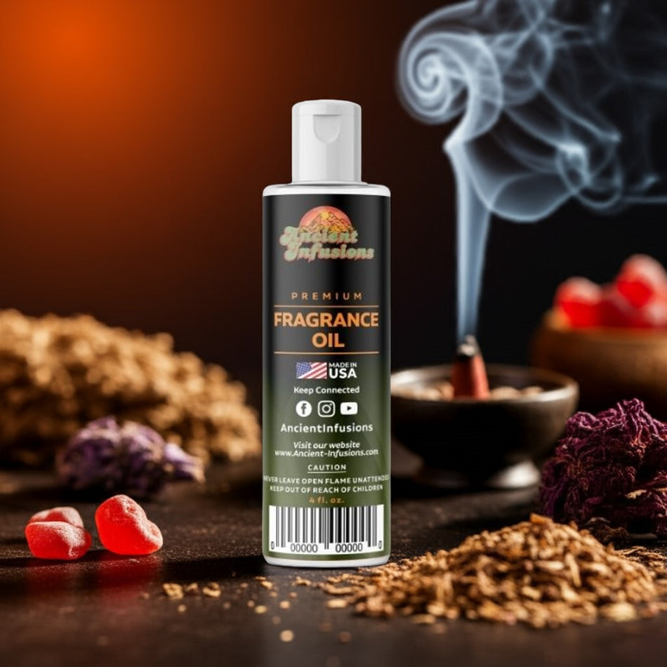 Bottle of Ancient Infusions fragrance oil with decorative elements and smoke in the background