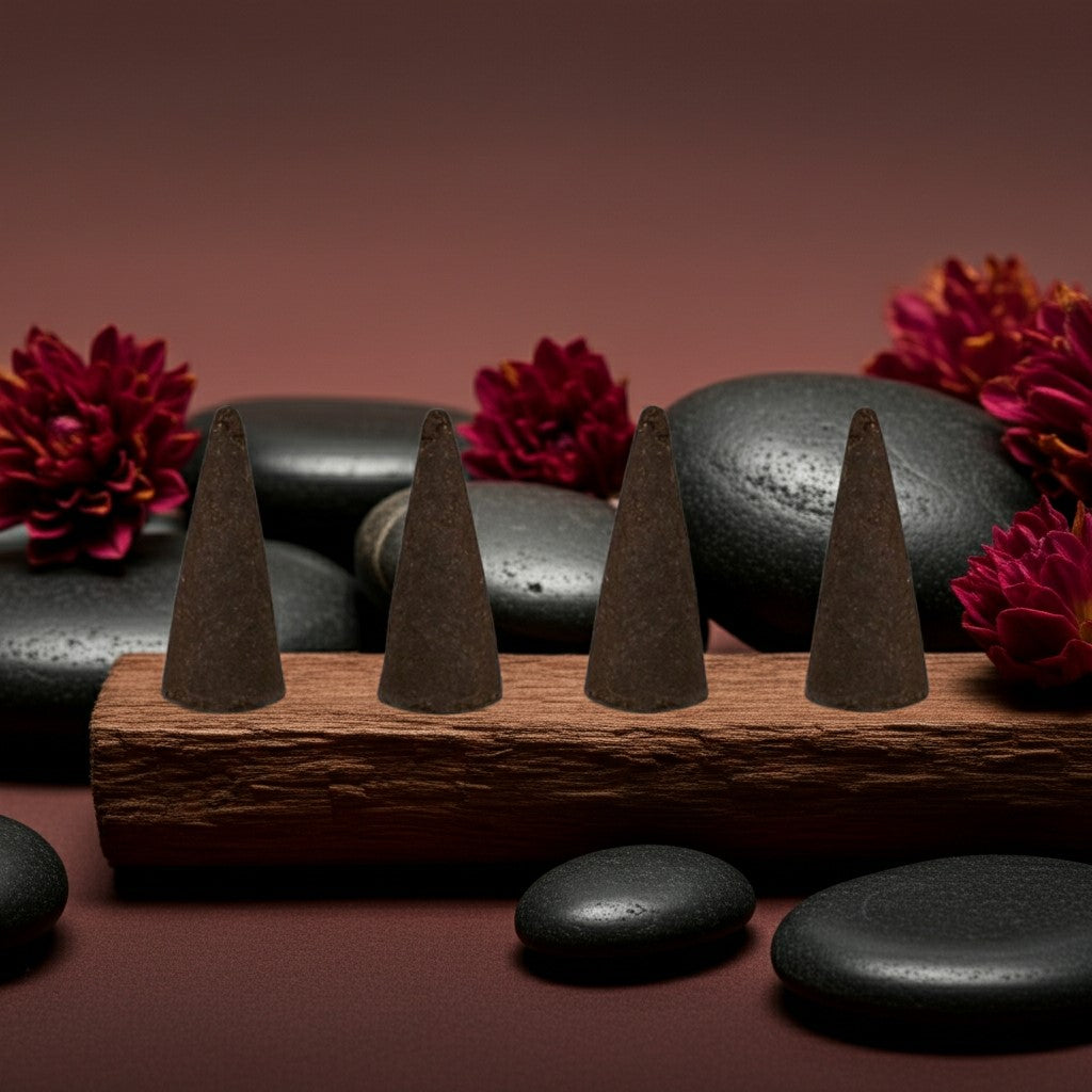 Dragons Blood Incense Cones on a wooden holder with black stones and red flowers on a brown background