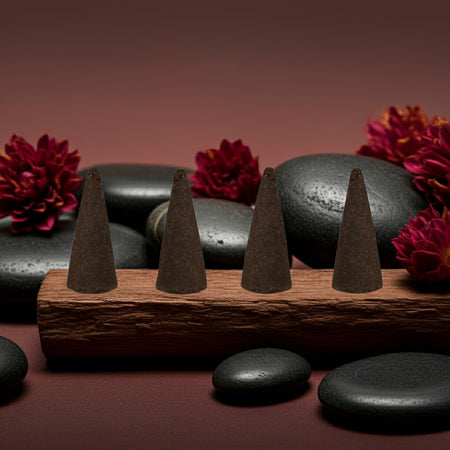 Dragons Blood Incense Cones on a wooden holder with black stones and red flowers on a brown background