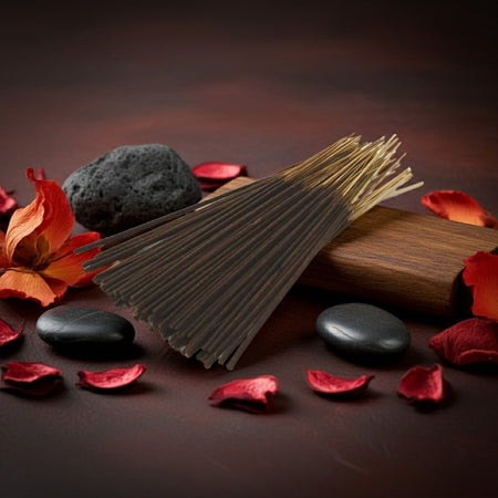 Dragons Blood Incense Sticks with red flowers and black stones on a dark background