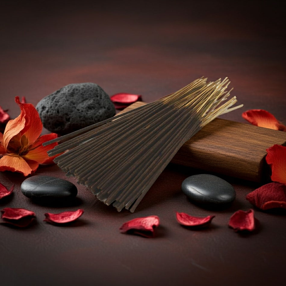 Dragons Blood Incense Sticks with red flowers and black stones on a dark background