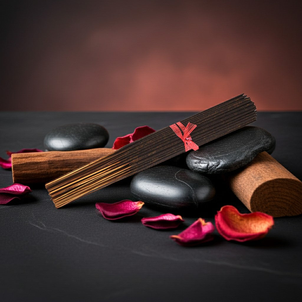 Dragons Blood Incense Sticks with a cork wrapper on black stones and pink petals against a dark background