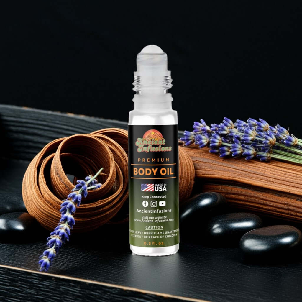 Drakkar Noir Guy Laroche Inspired Body Oil bottle with lavender and wood accents