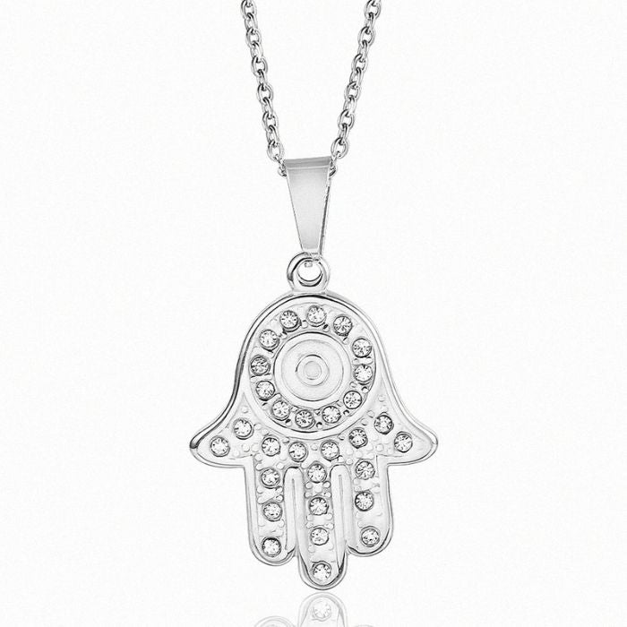 Dual-Tone Hamsa Necklace in Gold and Silver with Evil Eye Pendant – Modern Stainless Steel Jewelry.